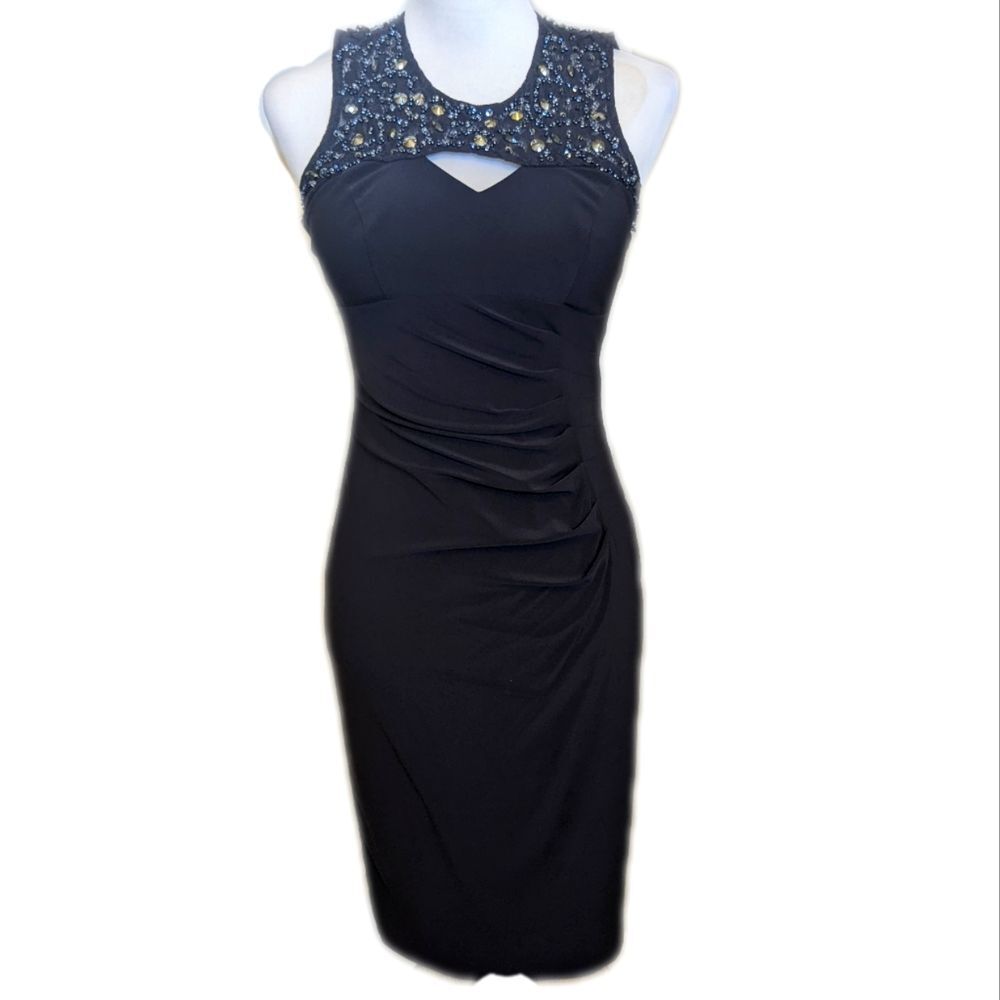 Cache ruched sleeveless beaded evening dress, black, black & silver beads 2